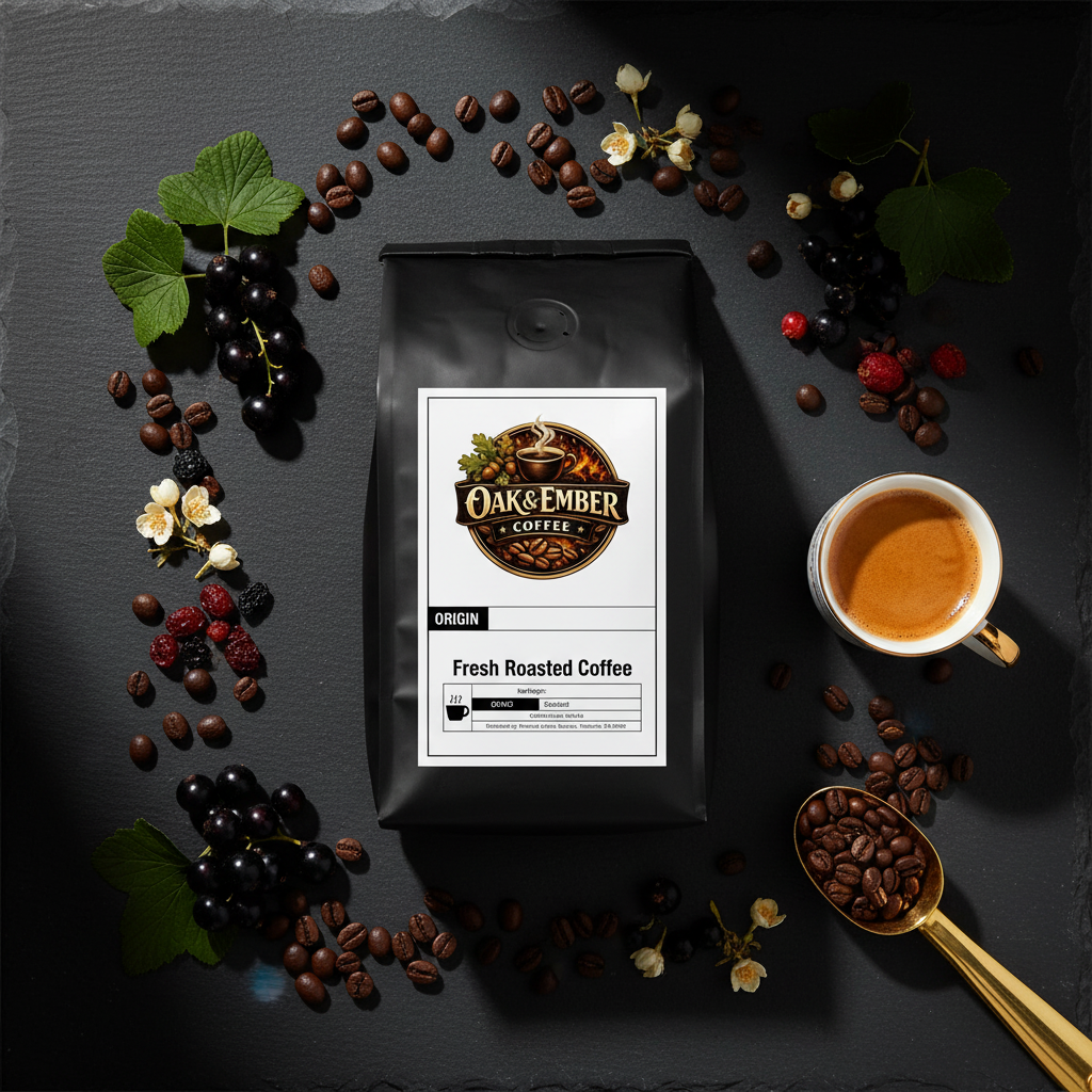 Overhead flat lay with espresso, blackcurrants, jasmine & gold scoop