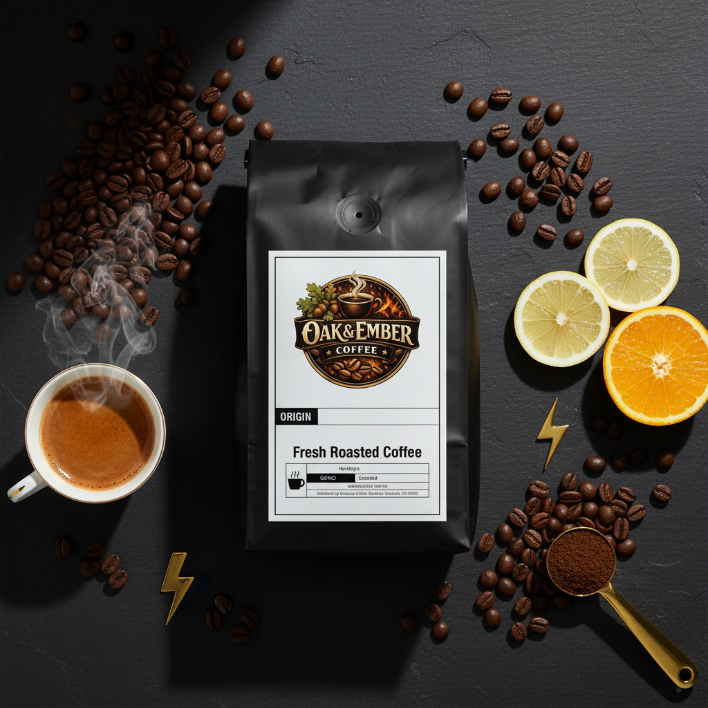 Overhead flat lay with espresso, citrus, gold lightning bolt & scoop