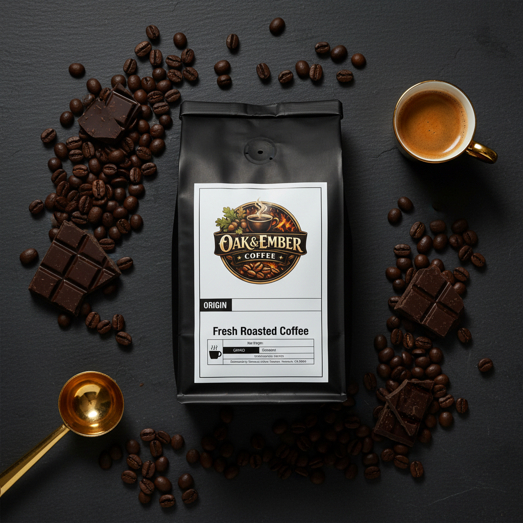 Overhead flat lay with espresso shot & gold scoop