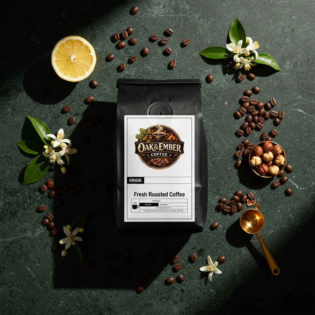 Overhead flat lay with lemon, orange blossom, hazelnuts & gold scoop