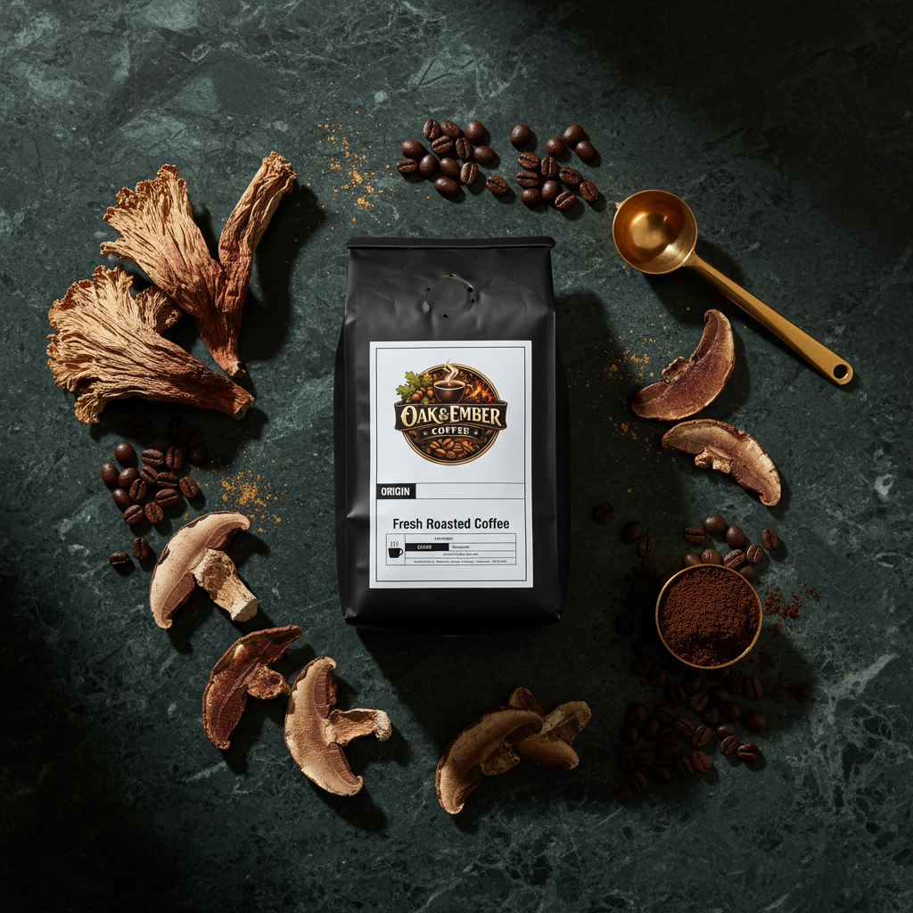 Overhead flat lay with mushrooms, ground coffee & gold scoop