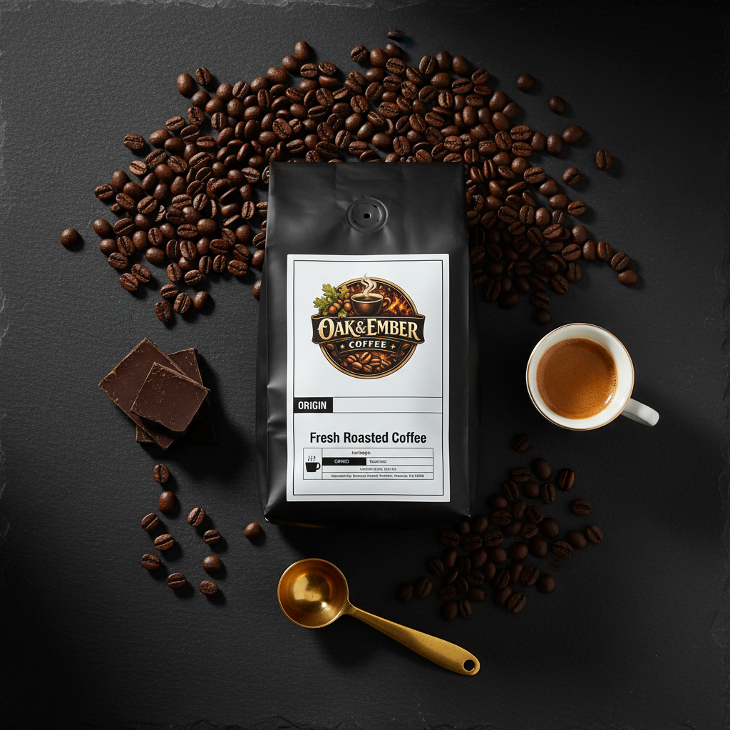 Overhead flat lay with oily beans, espresso & gold scoop