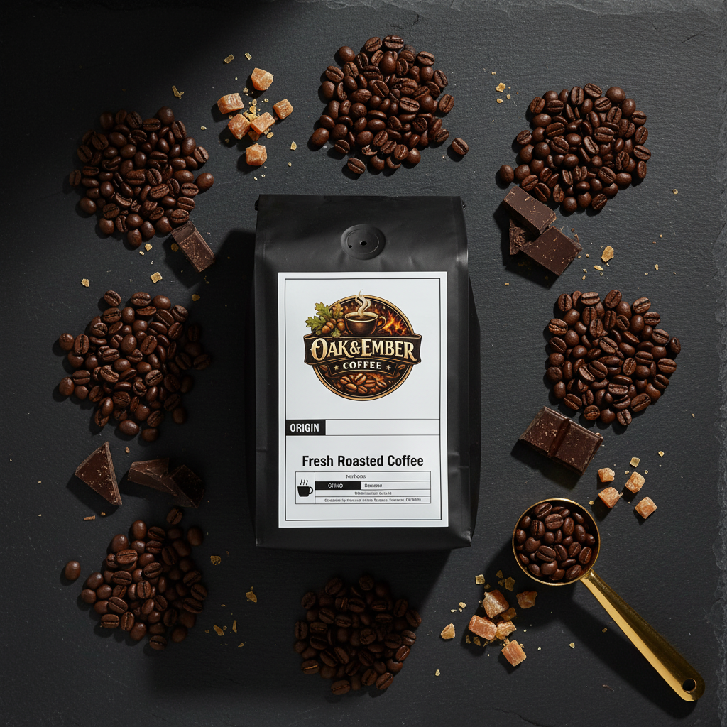 Overhead flat lay with six origin bean piles, chocolate & gold scoop