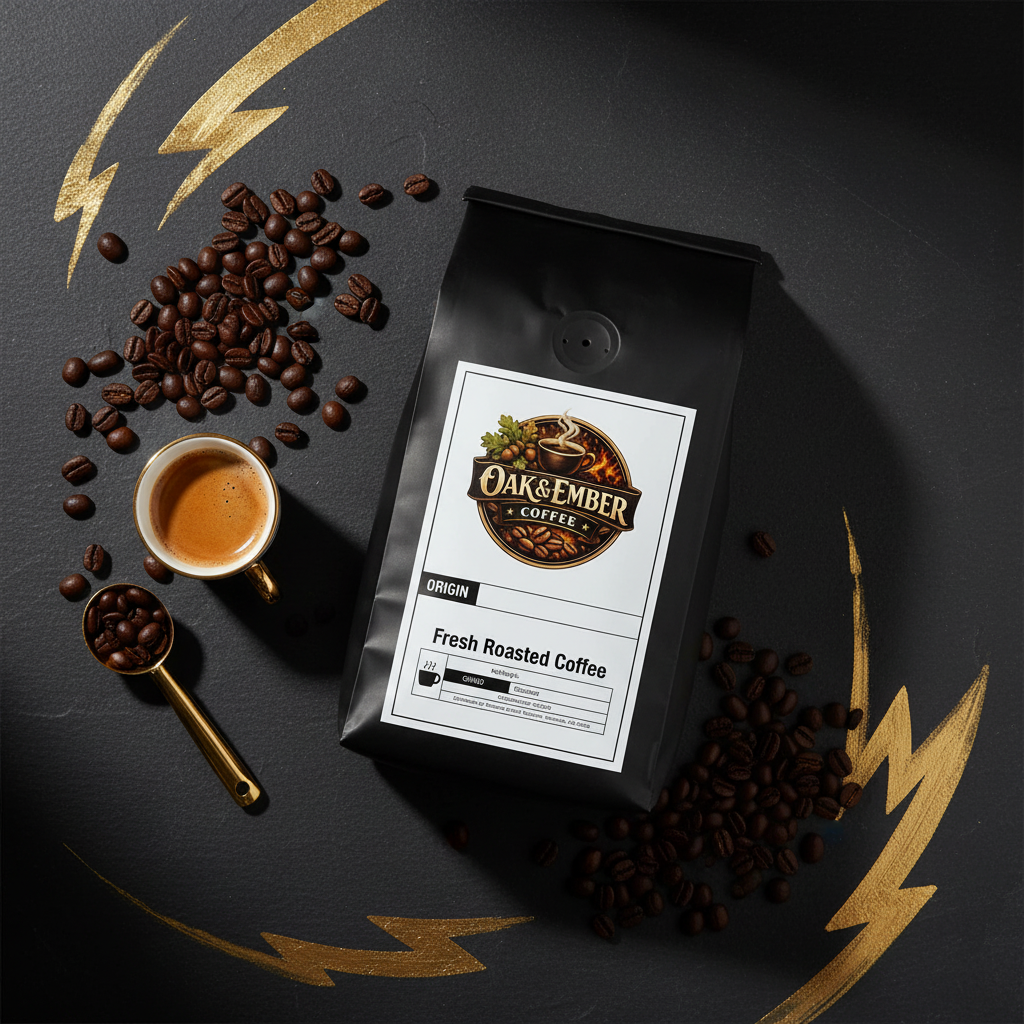 Overhead flat lay with thick crema espresso & gold scoop
