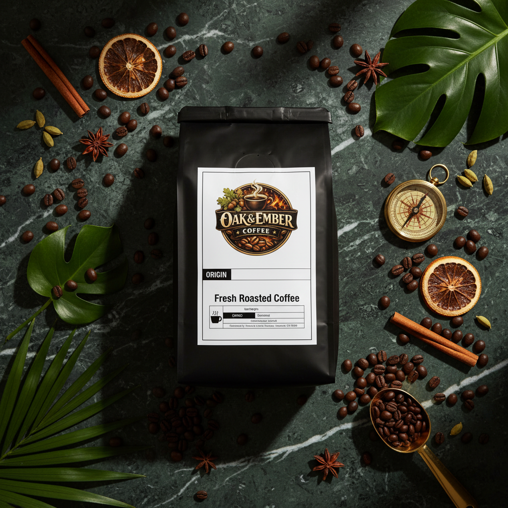 Overhead flat lay with tropical leaves, compass & gold scoop