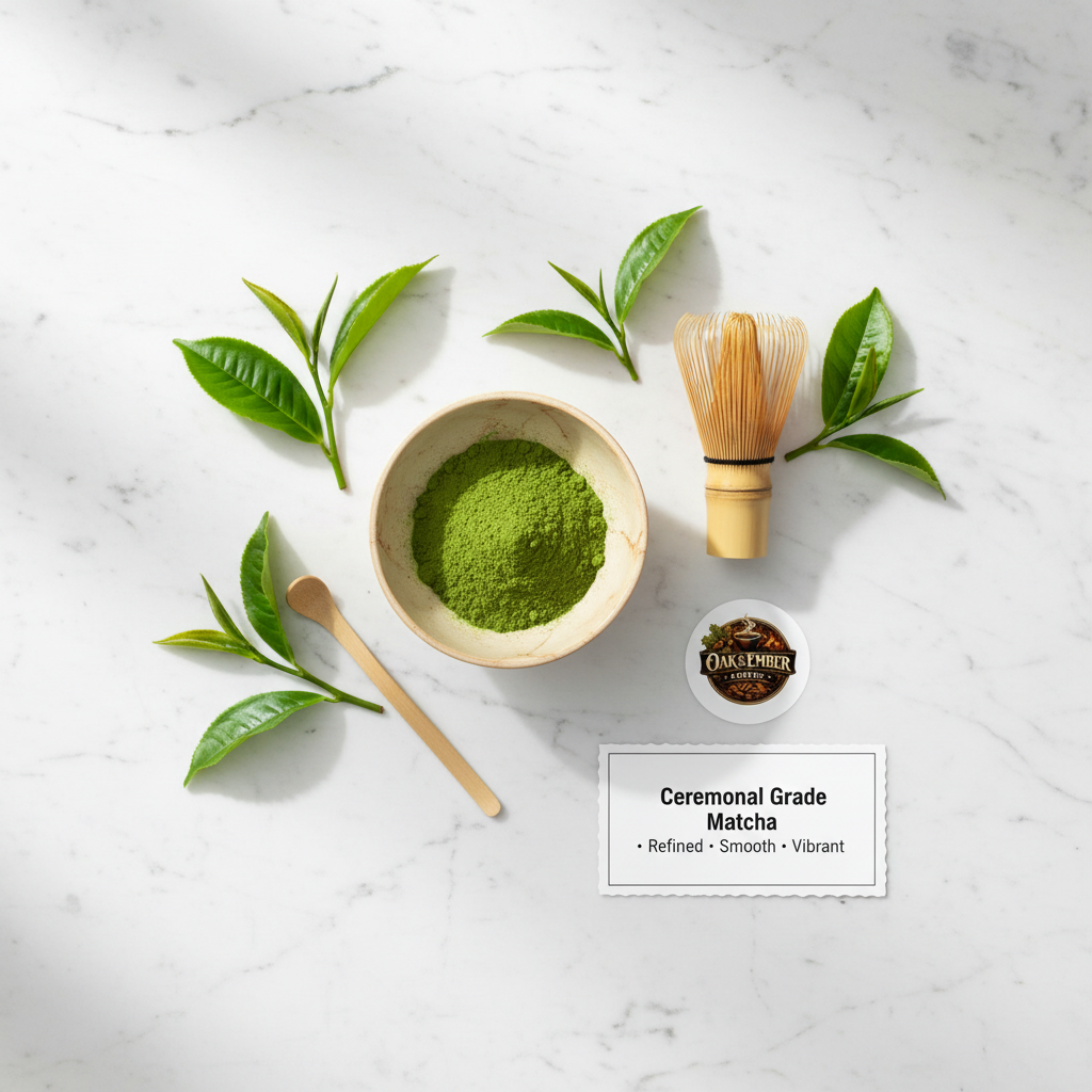 Overhead flat lay with whisk, scoop & matcha powder
