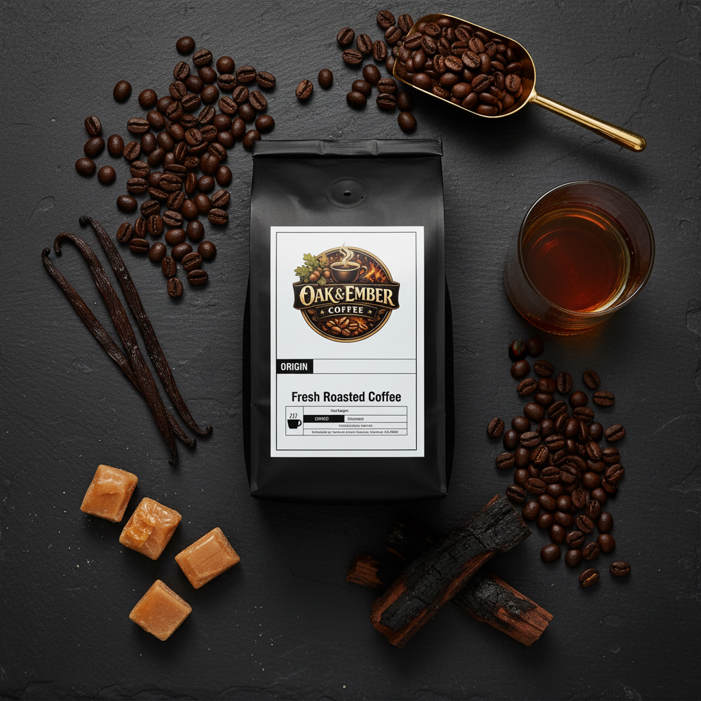 Overhead flat lay with whiskey, vanilla, caramel & oak chips