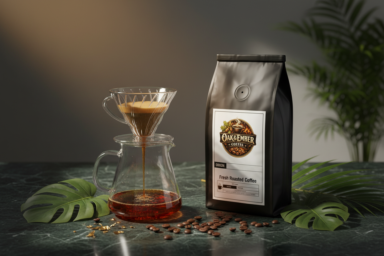 Pour over with bright golden-amber house blend dripping into carafe