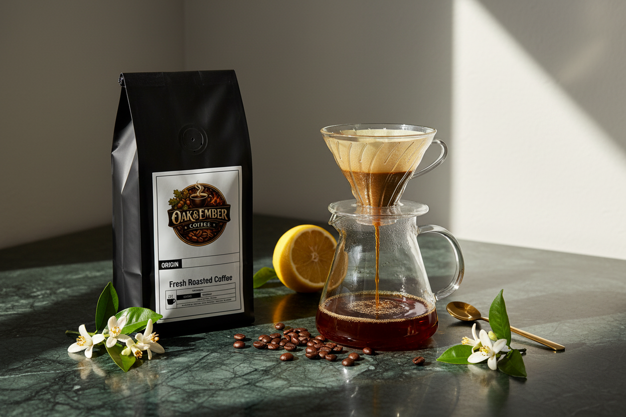 Pour over with bright golden-amber South American coffee & orange blossom