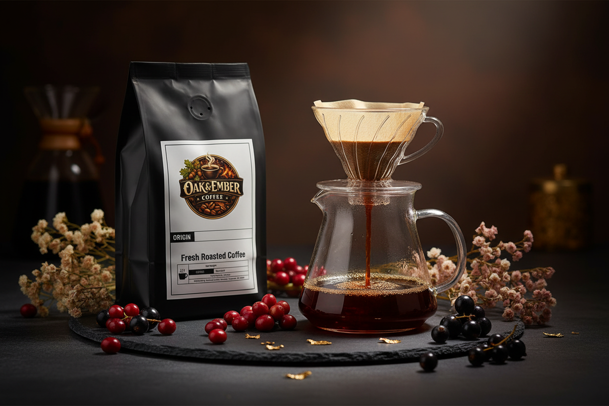 Pour over with deep amber-ruby African coffee & red cherries