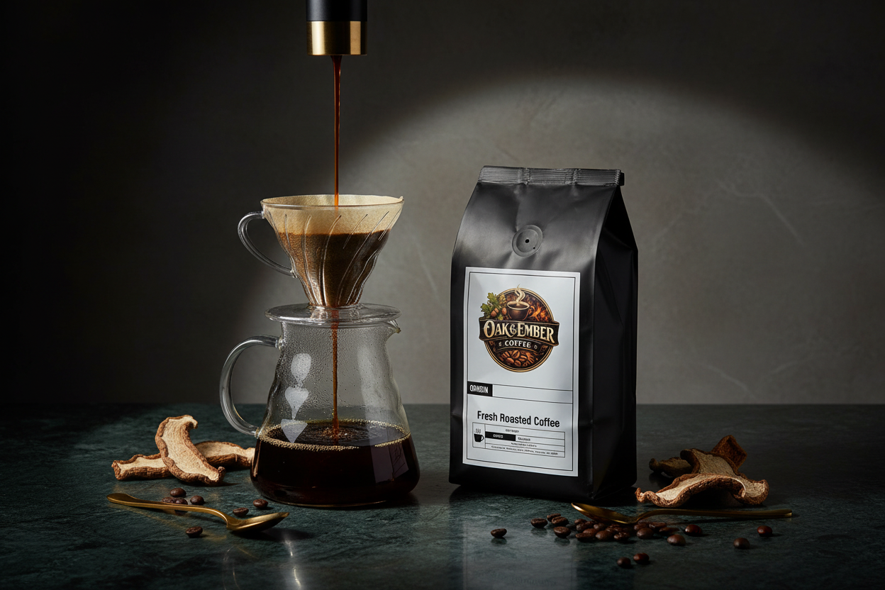 Pour over with rich amber mushroom coffee dripping