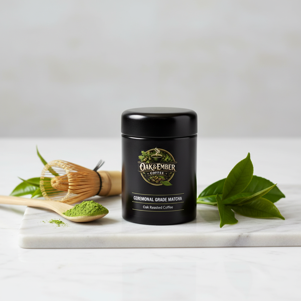 Product bag with matcha powder, whisk & tea leaves