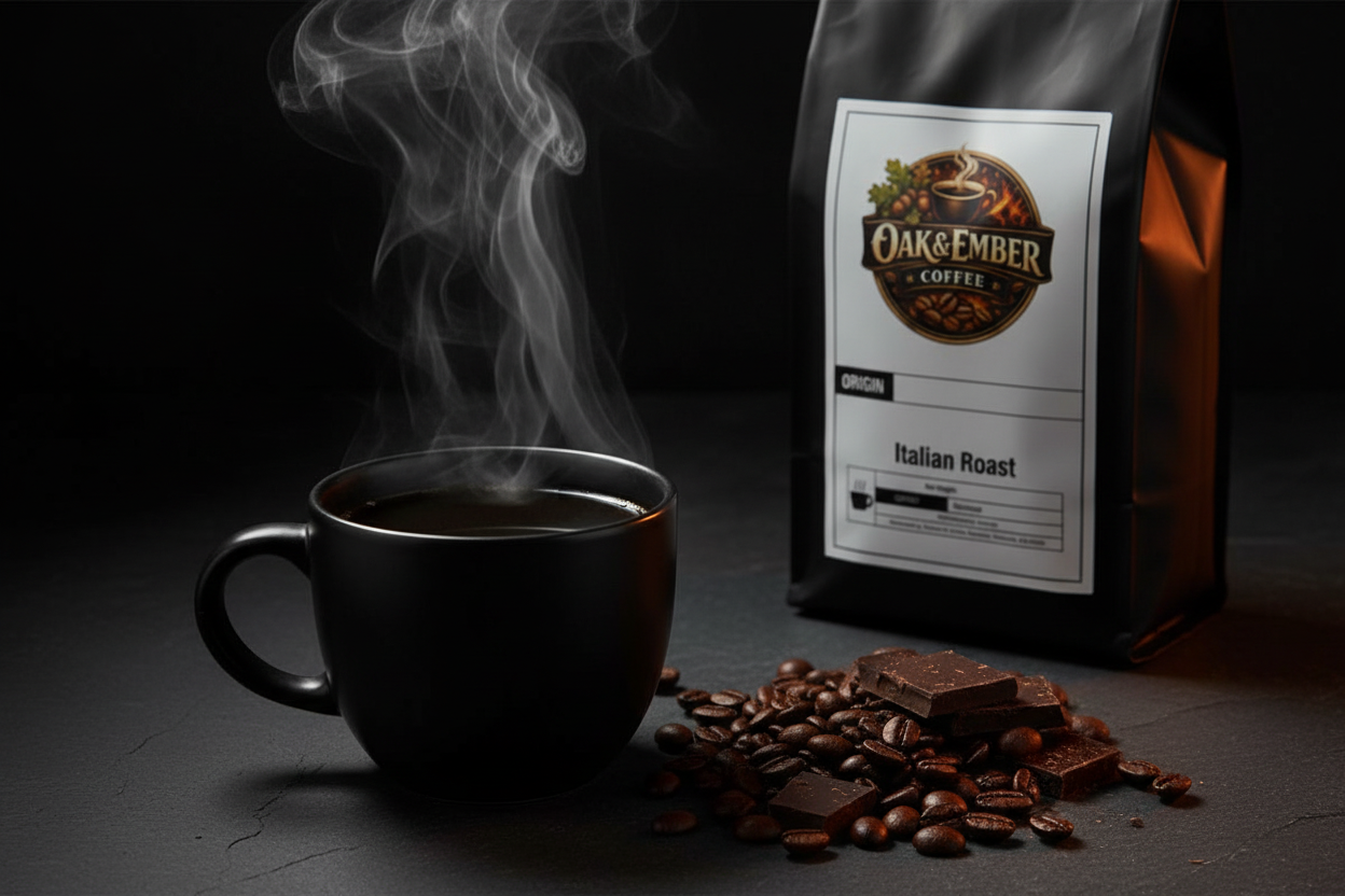 Steaming black mug with dramatic ember lighting