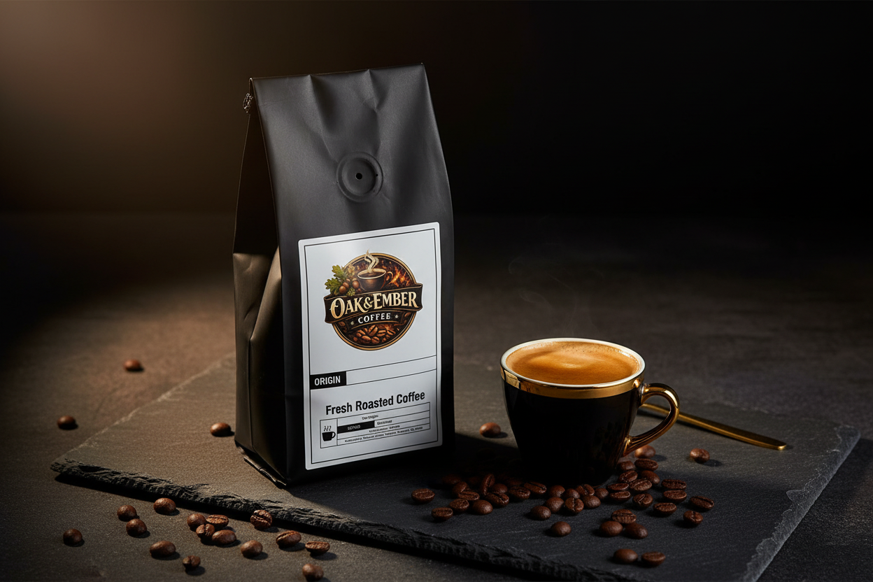 Thick Robusta crema espresso shot beside the bag