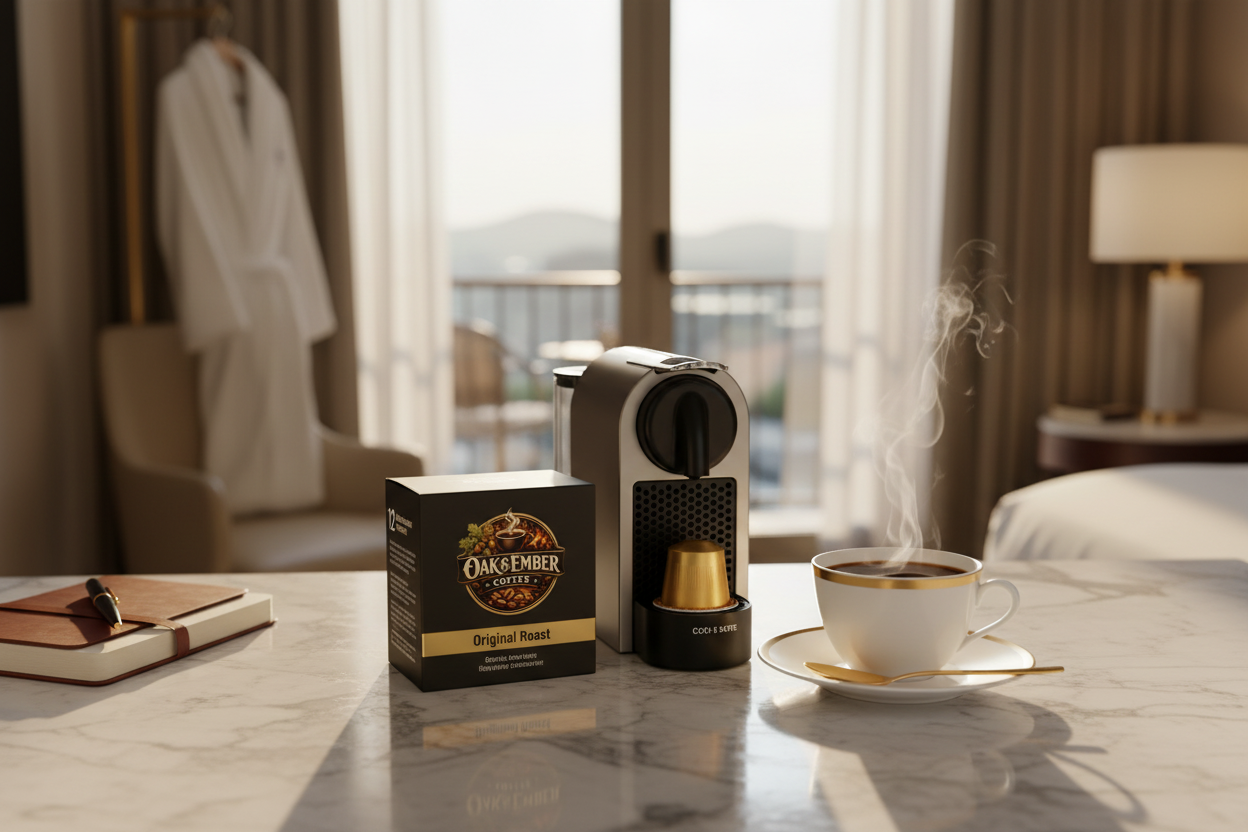 Travel shot — compact 12-pack beside capsule machine in hotel room