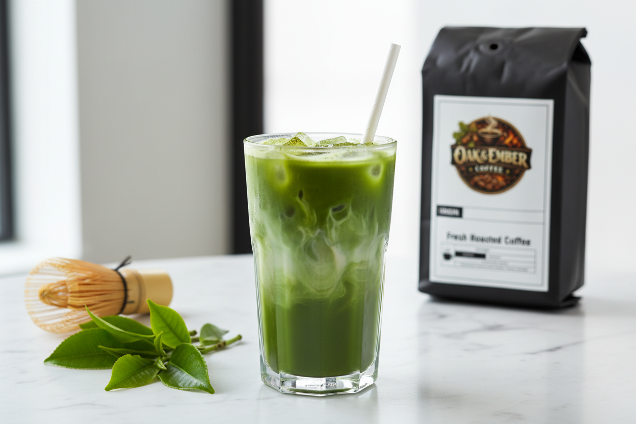 Vibrant iced matcha latte with oat milk swirl