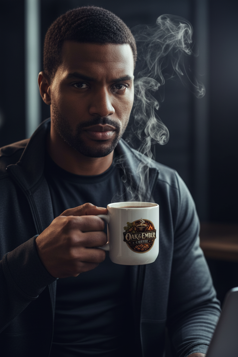 White/mixed-race man focused & determined with Oak & Ember branded mug ⚡