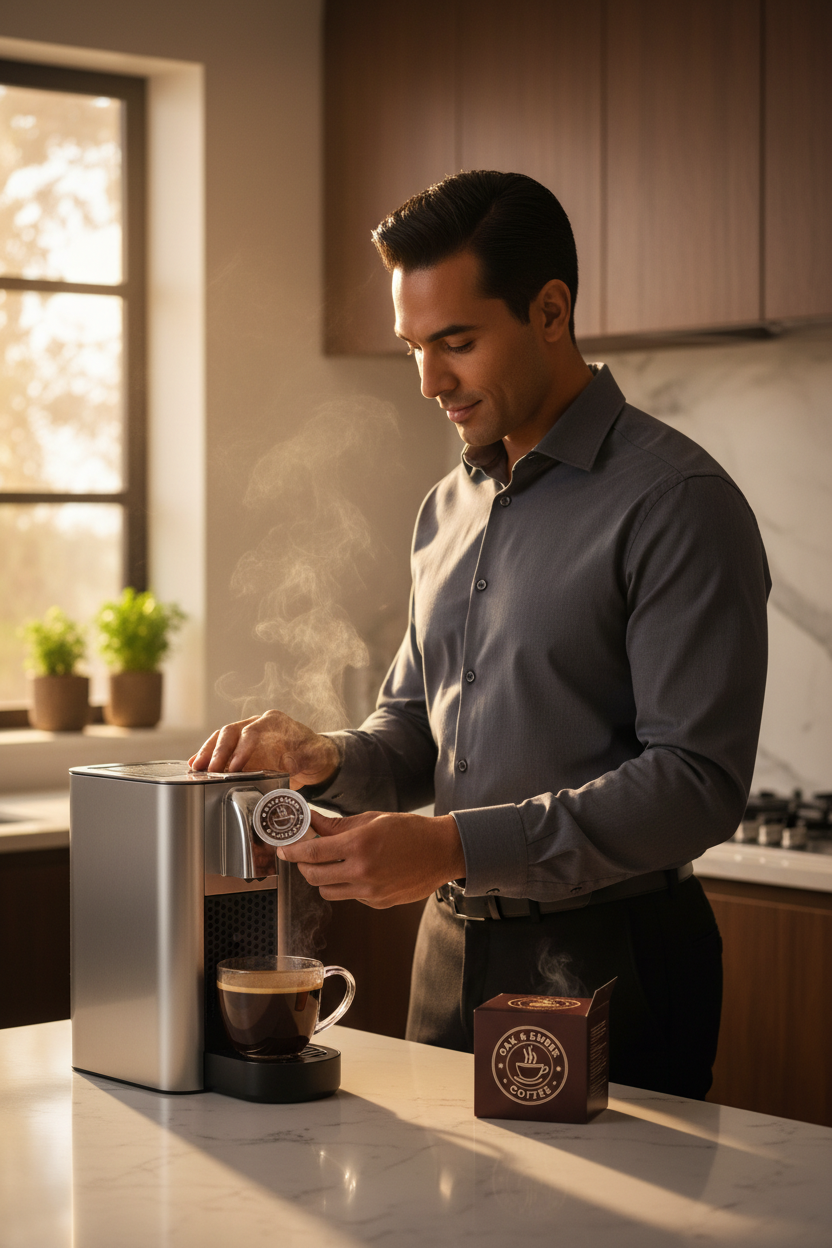 White/mixed-race man sharp & confident inserting capsule into machine ☕📦