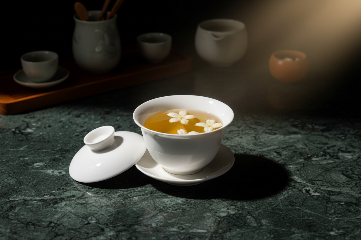 White porcelain gaiwan with jasmine blossoms floating